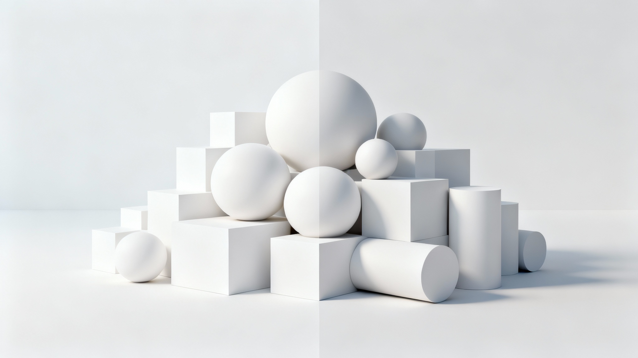 A 3D render comparing a scene with and without ambient occlusion. On one side, white geometric shapes look flat, while on the other, they have realistic soft shadows and depth.