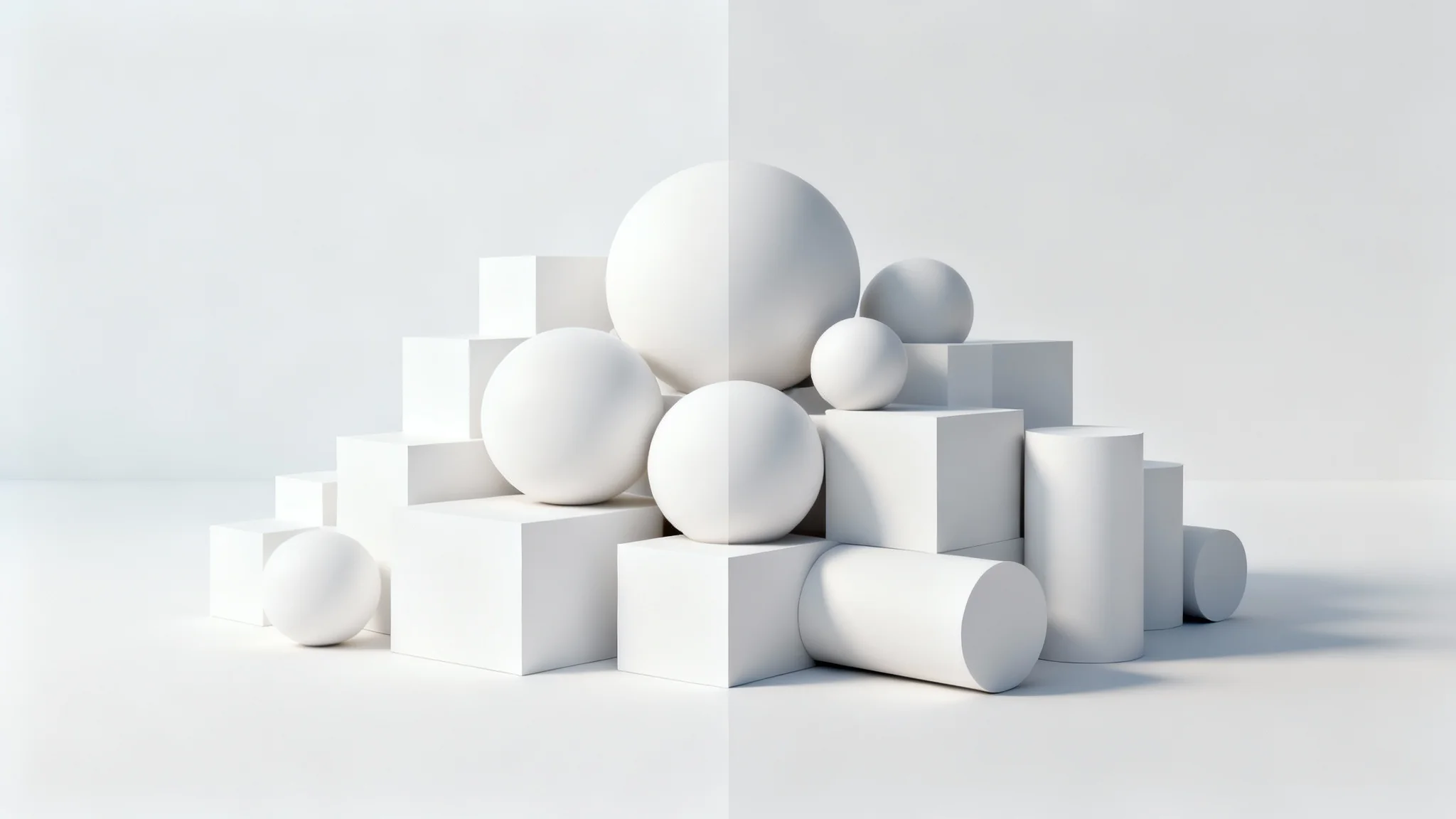 A 3D render comparing a scene with and without ambient occlusion. On one side, white geometric shapes look flat, while on the other, they have realistic soft shadows and depth.