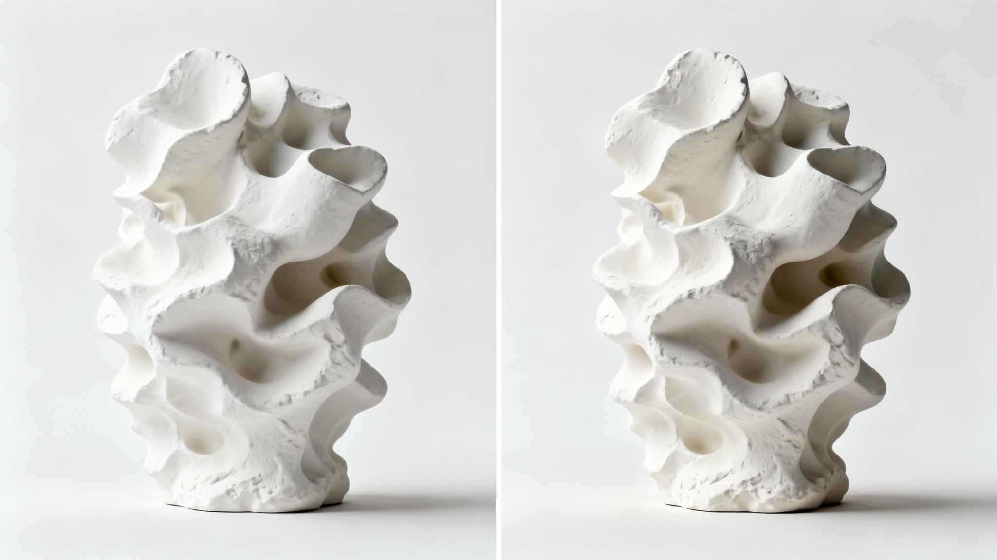 A side-by-side comparison of a 3D sculpture. The left side is flat and lacks shadows, while the right side has soft, realistic shadows in its crevices, demonstrating the effect of ambient occlusion.