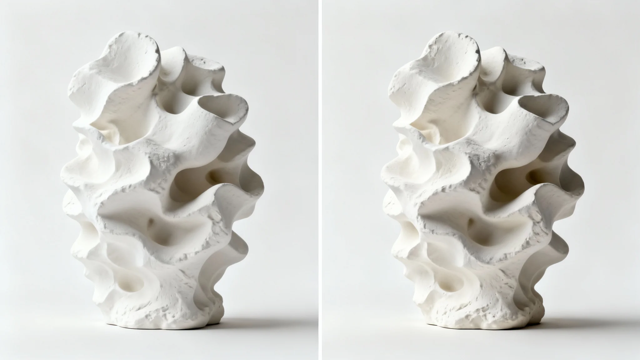 A side-by-side comparison of a 3D sculpture. The left side is flat and lacks shadows, while the right side has soft, realistic shadows in its crevices, demonstrating the effect of ambient occlusion.