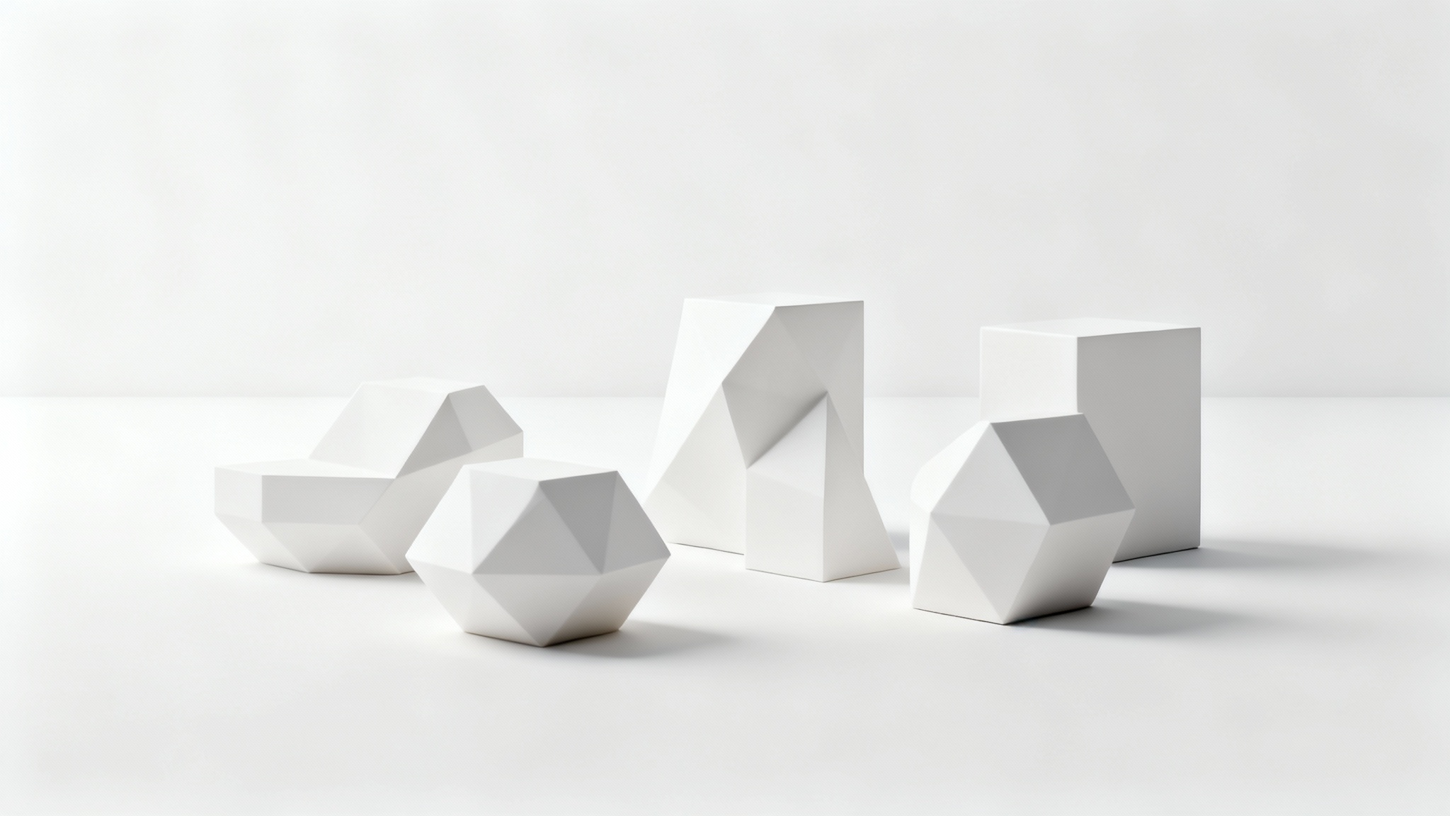 A photorealistic 3D render of several white geometric shapes on a white surface, demonstrating ambient occlusion shading with soft, realistic contact shadows in the crevices.