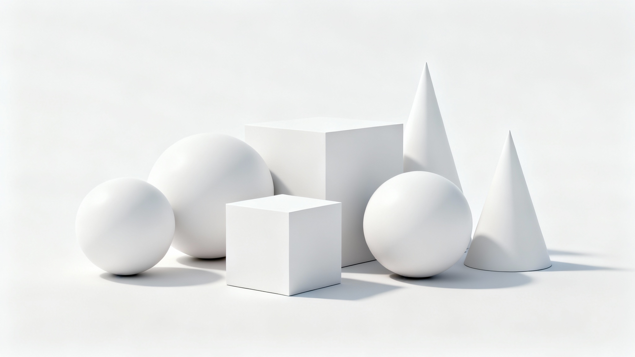 A minimalist 3D rendering of white geometric shapes on a white surface, with soft, realistic ambient occlusion shadows in the corners and crevices, adding depth and form.