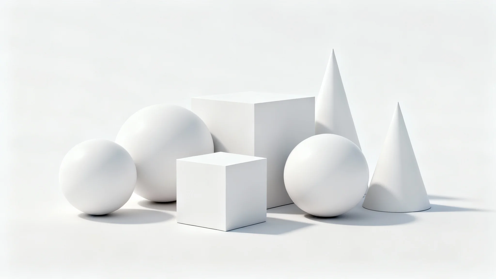 A minimalist 3D rendering of white geometric shapes on a white surface, with soft, realistic ambient occlusion shadows in the corners and crevices, adding depth and form.