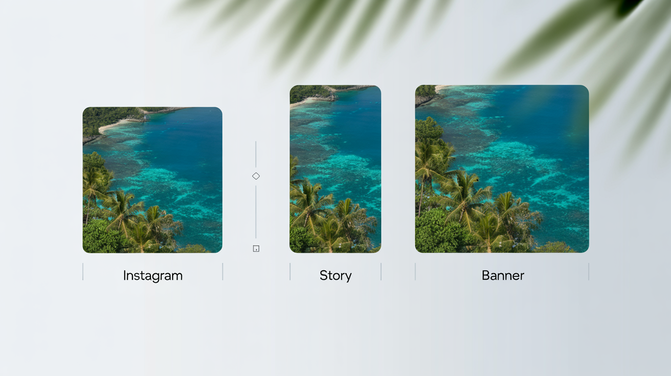 A hero image demonstrating an image resizer, showing a beautiful beach photo displayed in multiple aspect ratios like square, vertical, and widescreen, labeled for different uses.