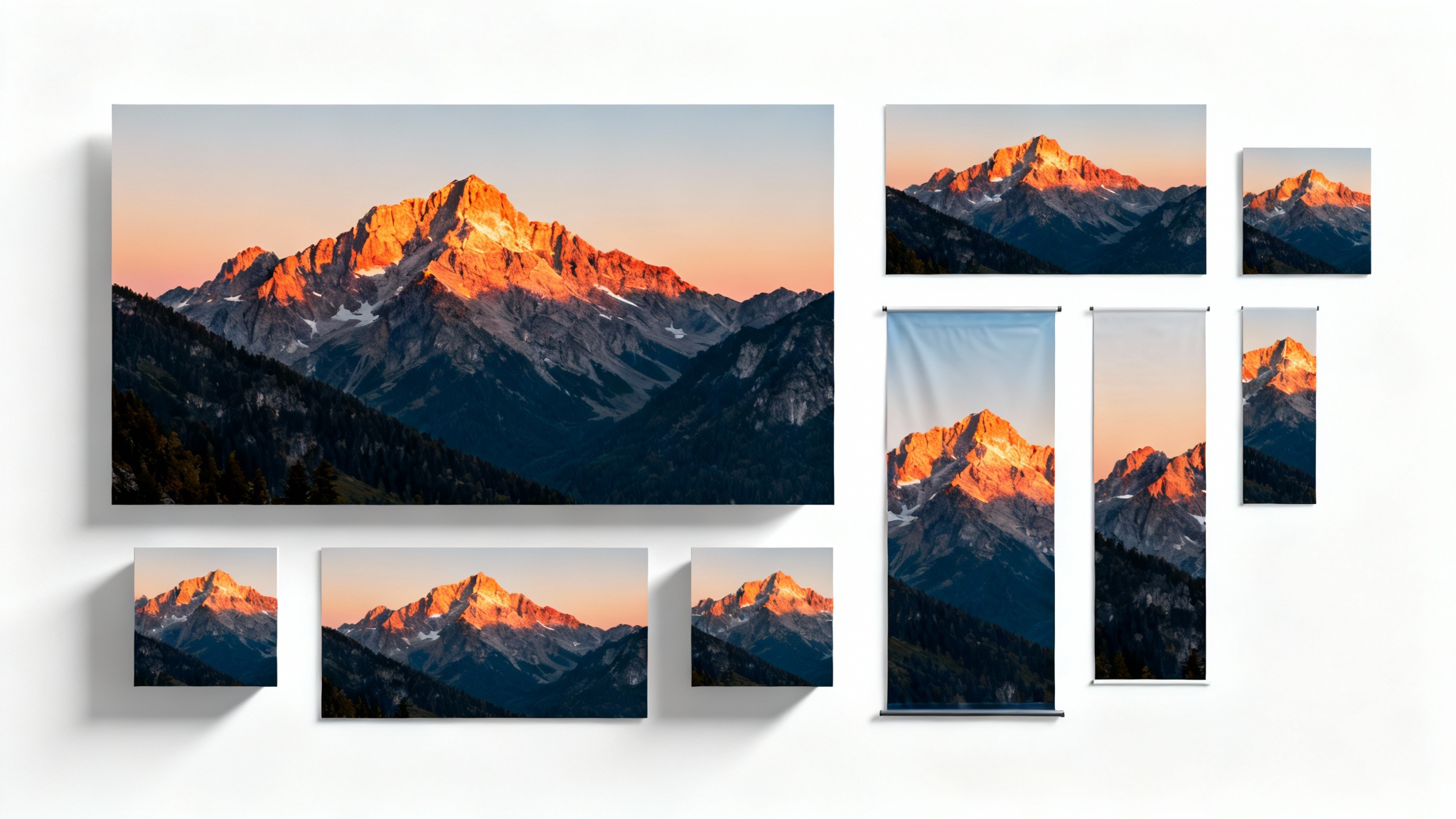 A mockup illustrating image resizing, showing a beautiful mountain landscape photo displayed in a grid of various sizes and aspect ratios on a clean white background.