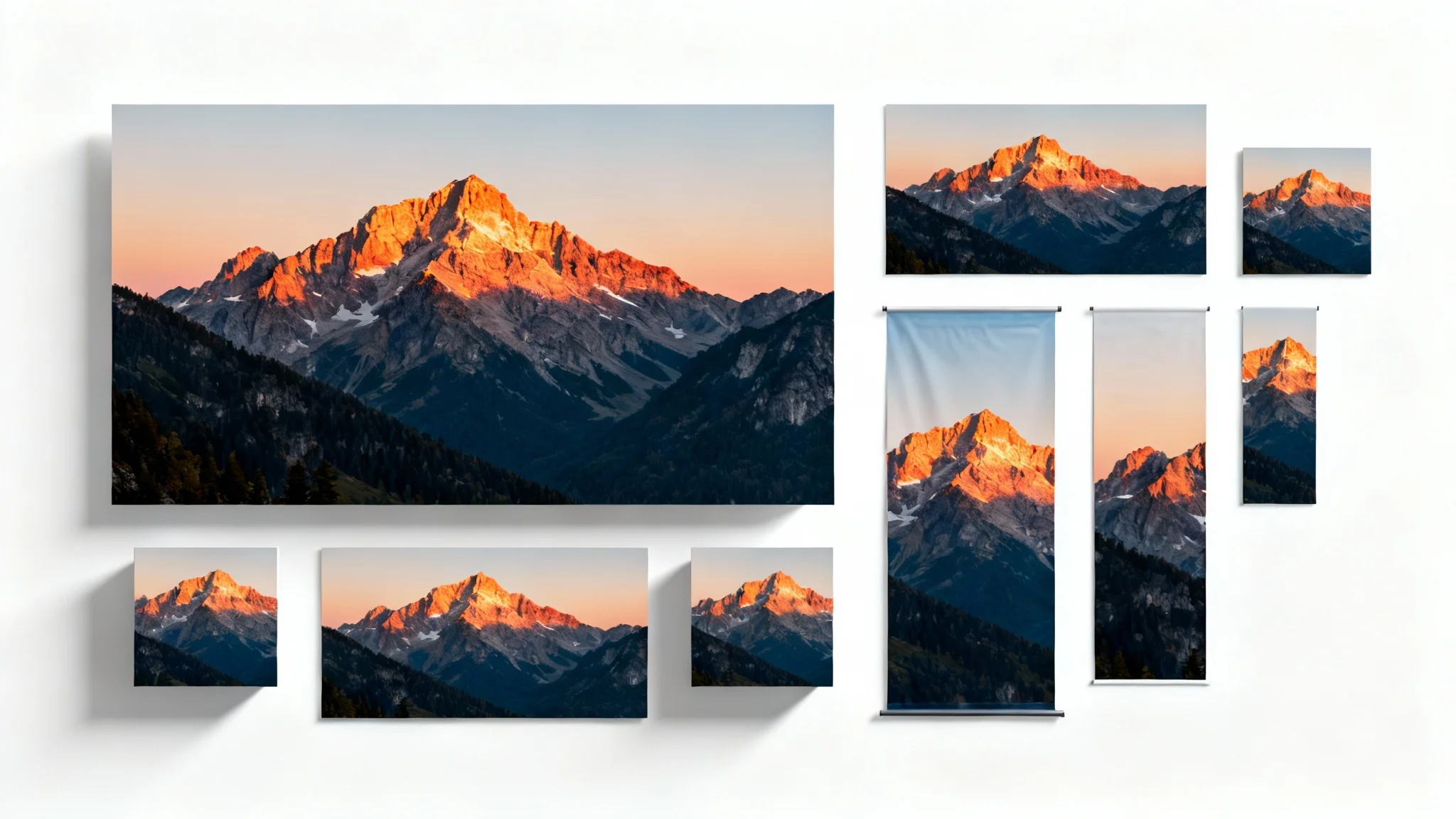 A mockup illustrating image resizing, showing a beautiful mountain landscape photo displayed in a grid of various sizes and aspect ratios on a clean white background.