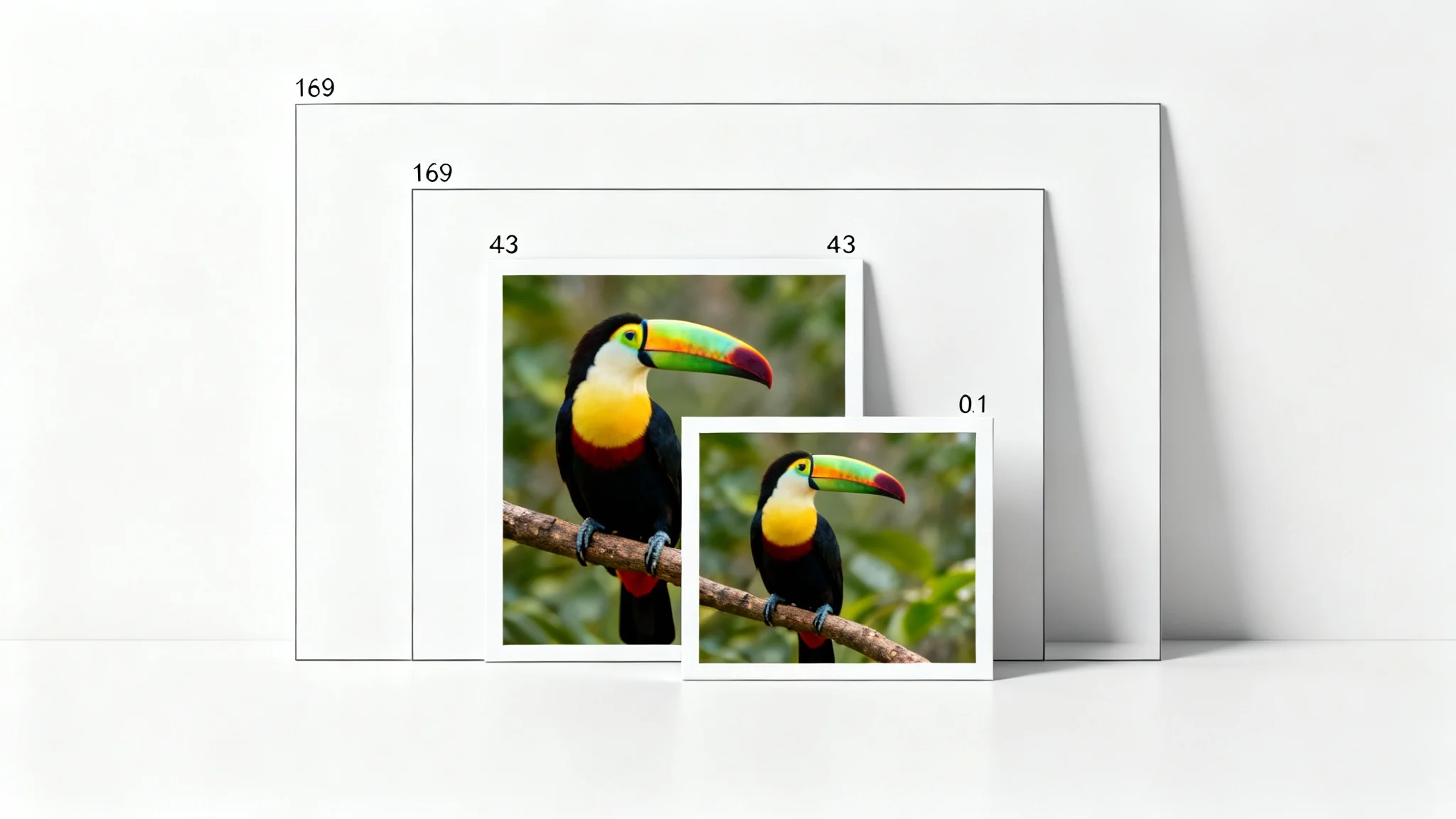 A conceptual image illustrating image resizing, showing a photo of a toucan perfectly scaled to fit three different-sized frames, set against a plain white background.