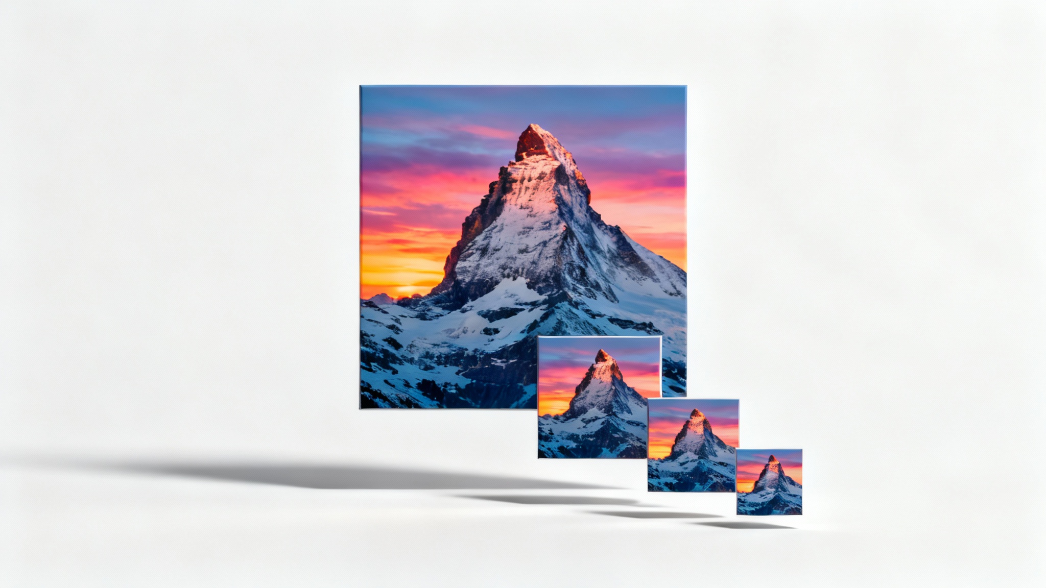 A conceptual representation of an image resizer, showing a large photo of a mountain sunrise with several smaller versions of the same photo cascading from it on a white background.