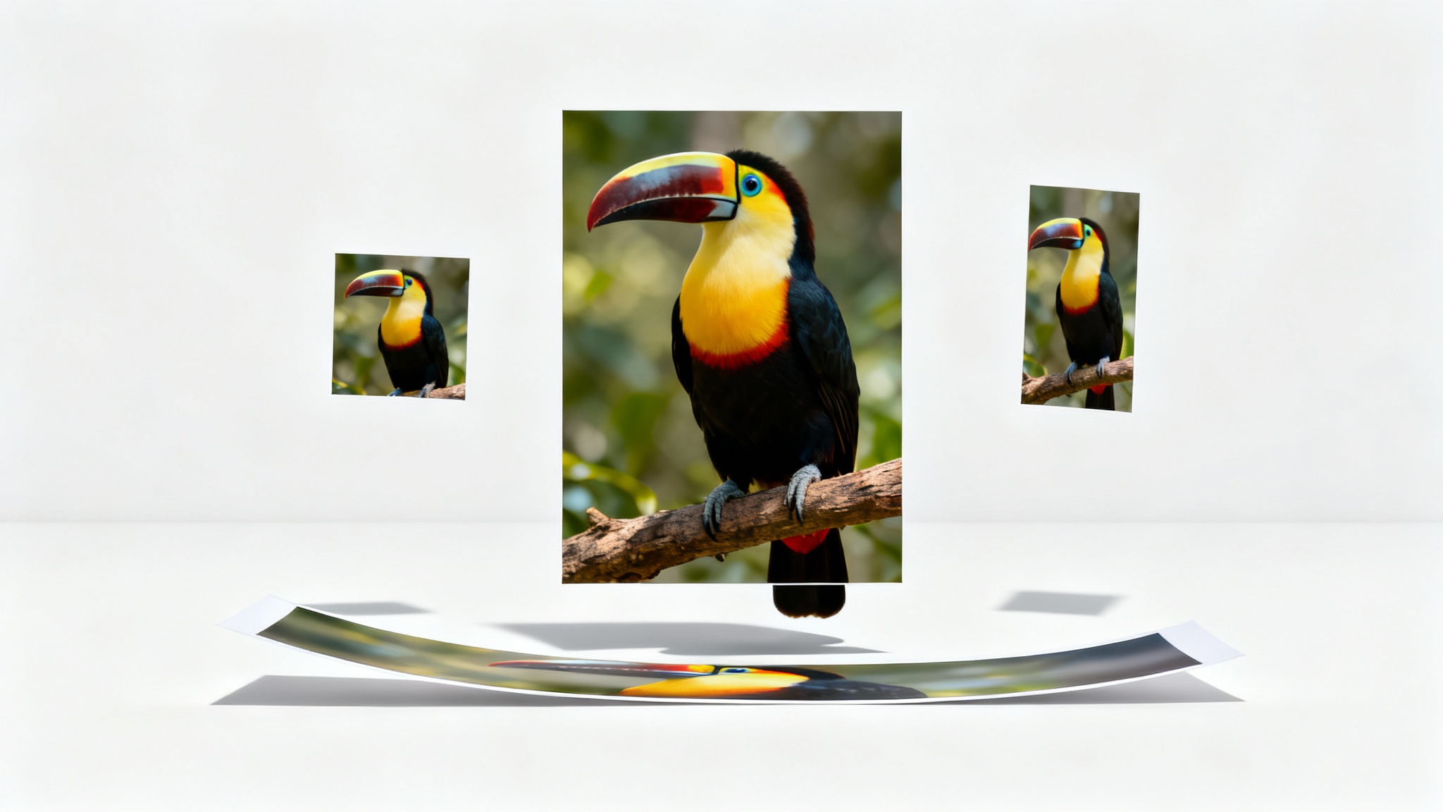 A central photo of a colorful toucan, surrounded by three smaller versions of the same photo in square, portrait, and landscape formats, demonstrating image resizing.