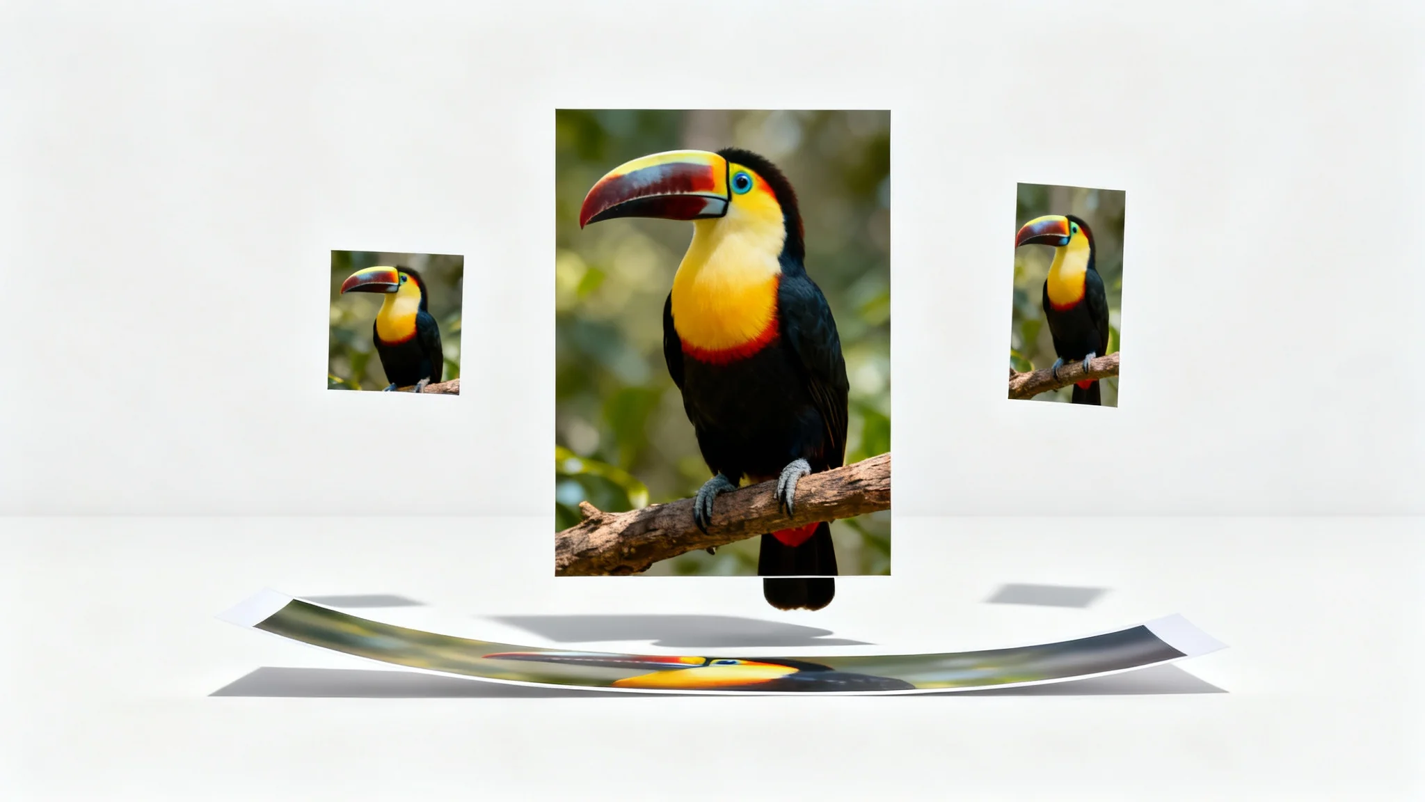 A central photo of a colorful toucan, surrounded by three smaller versions of the same photo in square, portrait, and landscape formats, demonstrating image resizing.