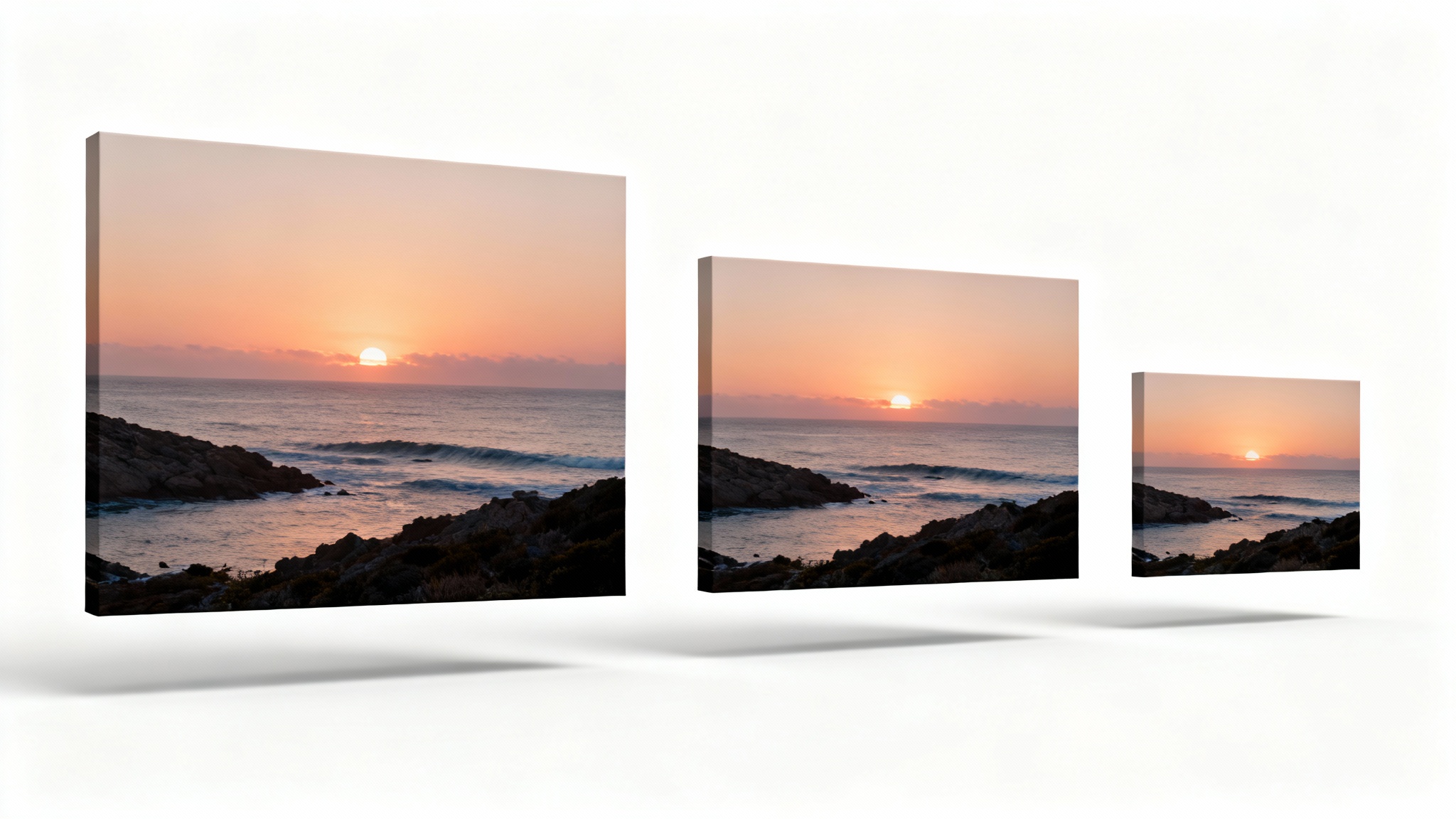 A visual representation of an image resizer, showing the same photo of a coastal sunset in three different sizes, large, medium, and small, side-by-side on a white background.