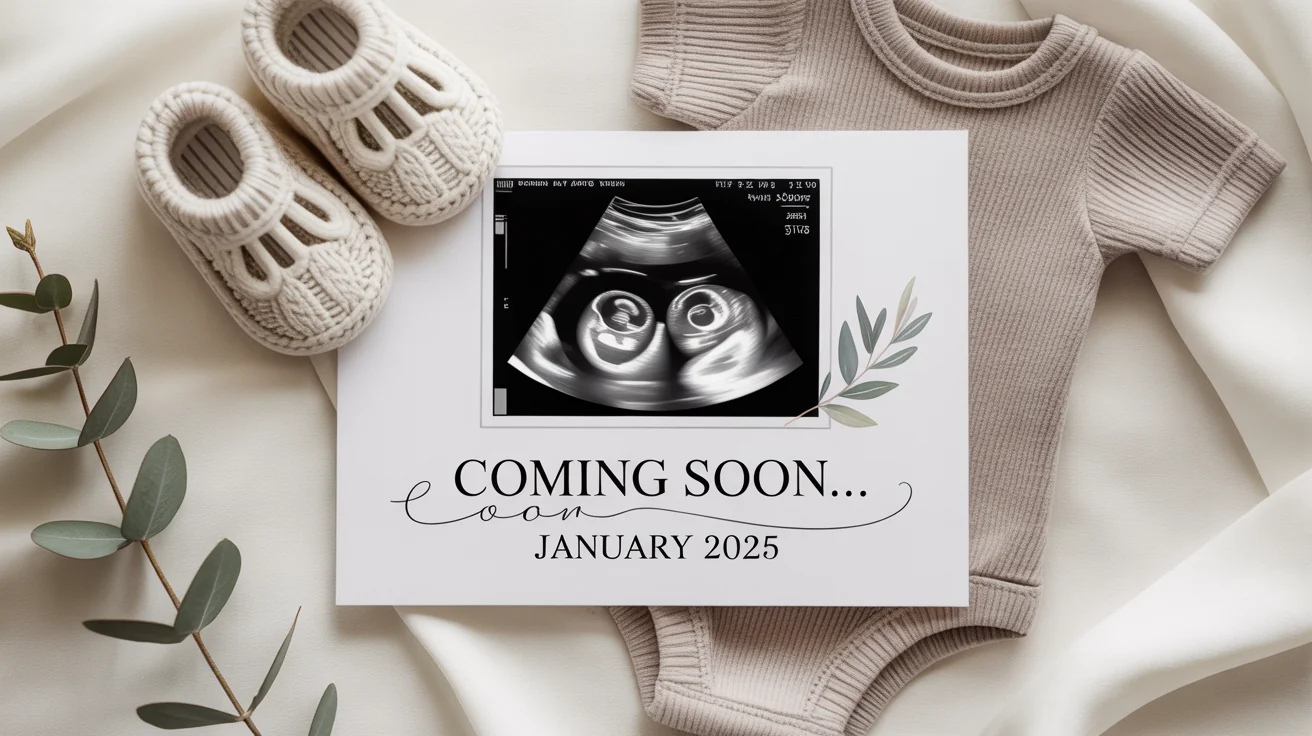 A beautiful flat lay of a pregnancy announcement featuring an ultrasound photo, baby shoes, a onesie, and a card that reads 'Coming Soon... January 2025' on a clean white background.