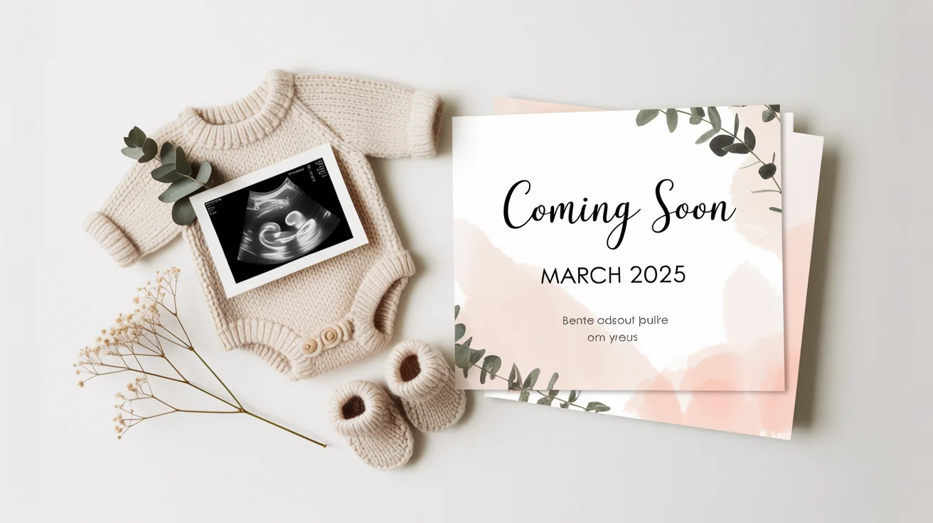 A flat lay pregnancy announcement featuring a baby onesie, booties, an ultrasound photo, and a card that says 'Coming Soon March 2025' on a clean white background.