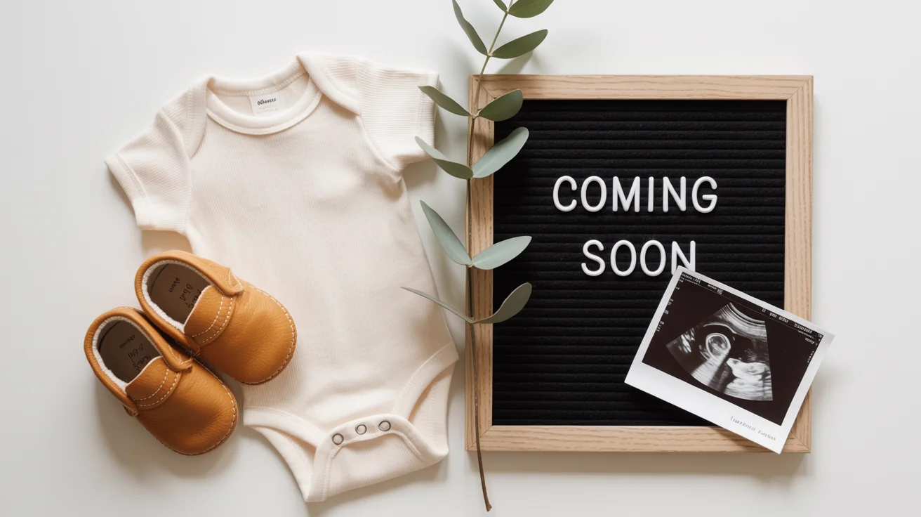 A flat lay pregnancy announcement on a white background, featuring a baby onesie, tiny shoes, an ultrasound photo, and a letter board that reads 'COMING SOON'.