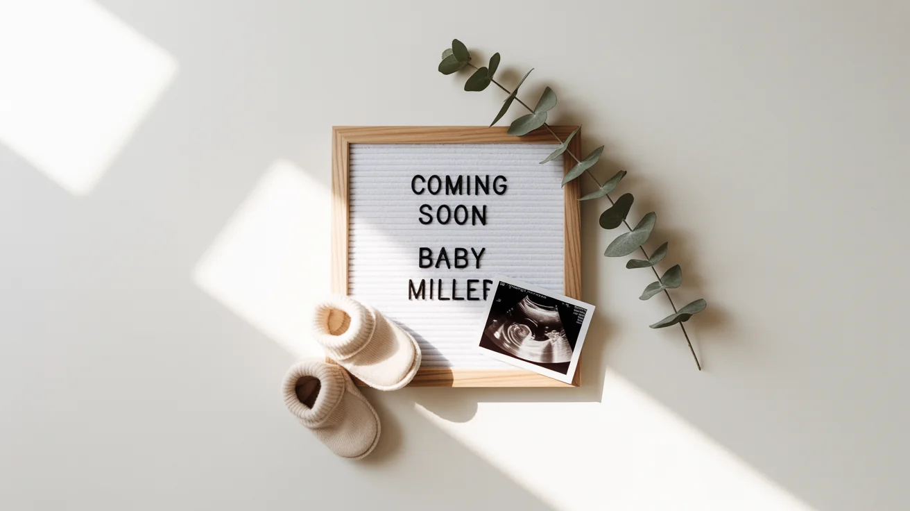 A minimalist pregnancy announcement mockup showing a letter board that says 'Coming Soon Baby Miller', an ultrasound photo, tiny baby booties, and a sprig of eucalyptus on a white background.