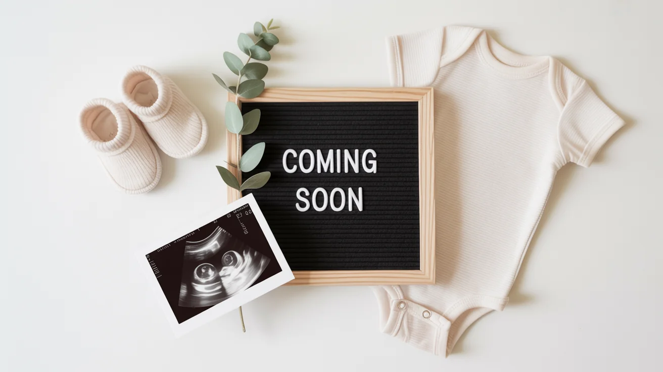 A flat lay pregnancy announcement mockup showing a letter board that says 'Coming Soon', a baby onesie, tiny booties, and an ultrasound photo on a white background.