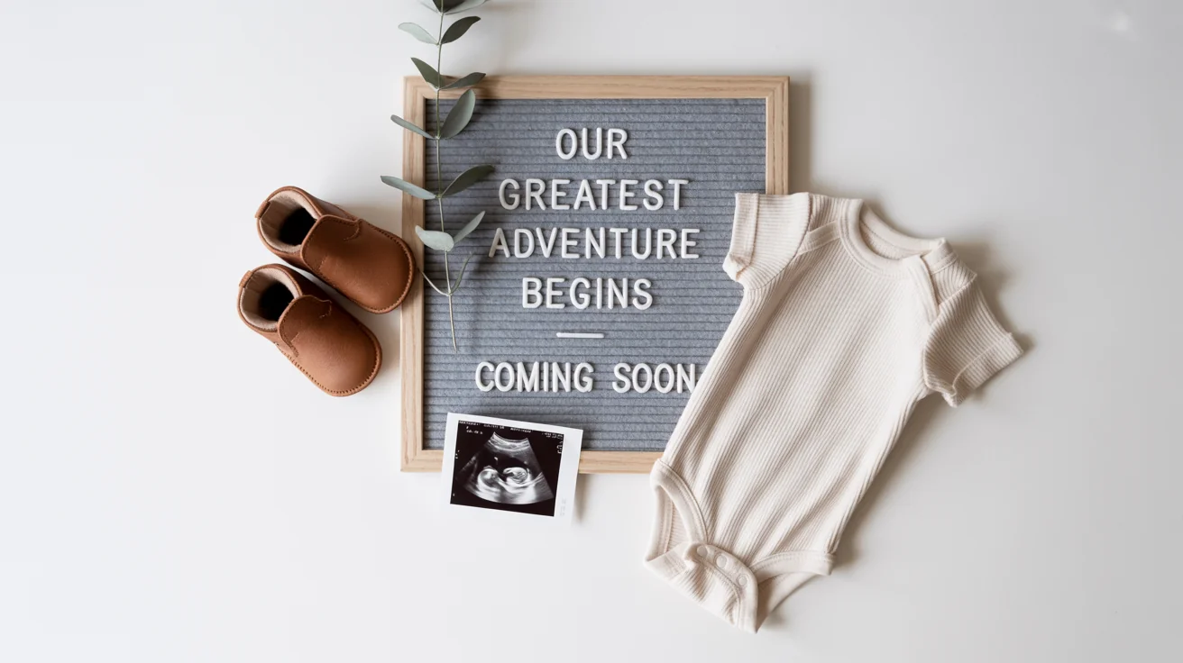 A flat lay pregnancy announcement on a white background. It features a letter board saying 'Our Greatest Adventure Begins, Coming Soon', alongside tiny baby booties, a cream onesie, and an ultrasound photo.
