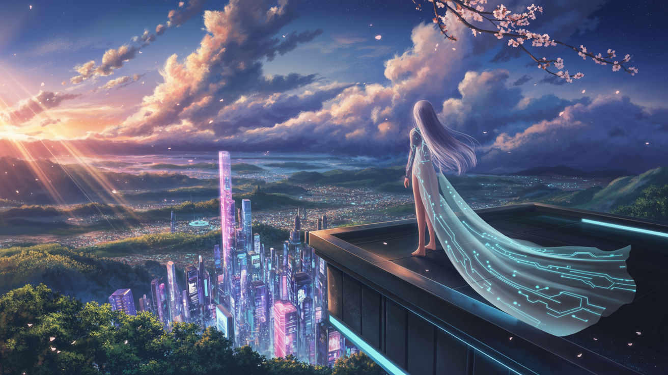 A stunning, wide-angle digital painting of a futuristic anime city at sunset, viewed from a high vantage point. The sky is filled with colorful clouds and light rays, and cherry blossom petals float in the air.