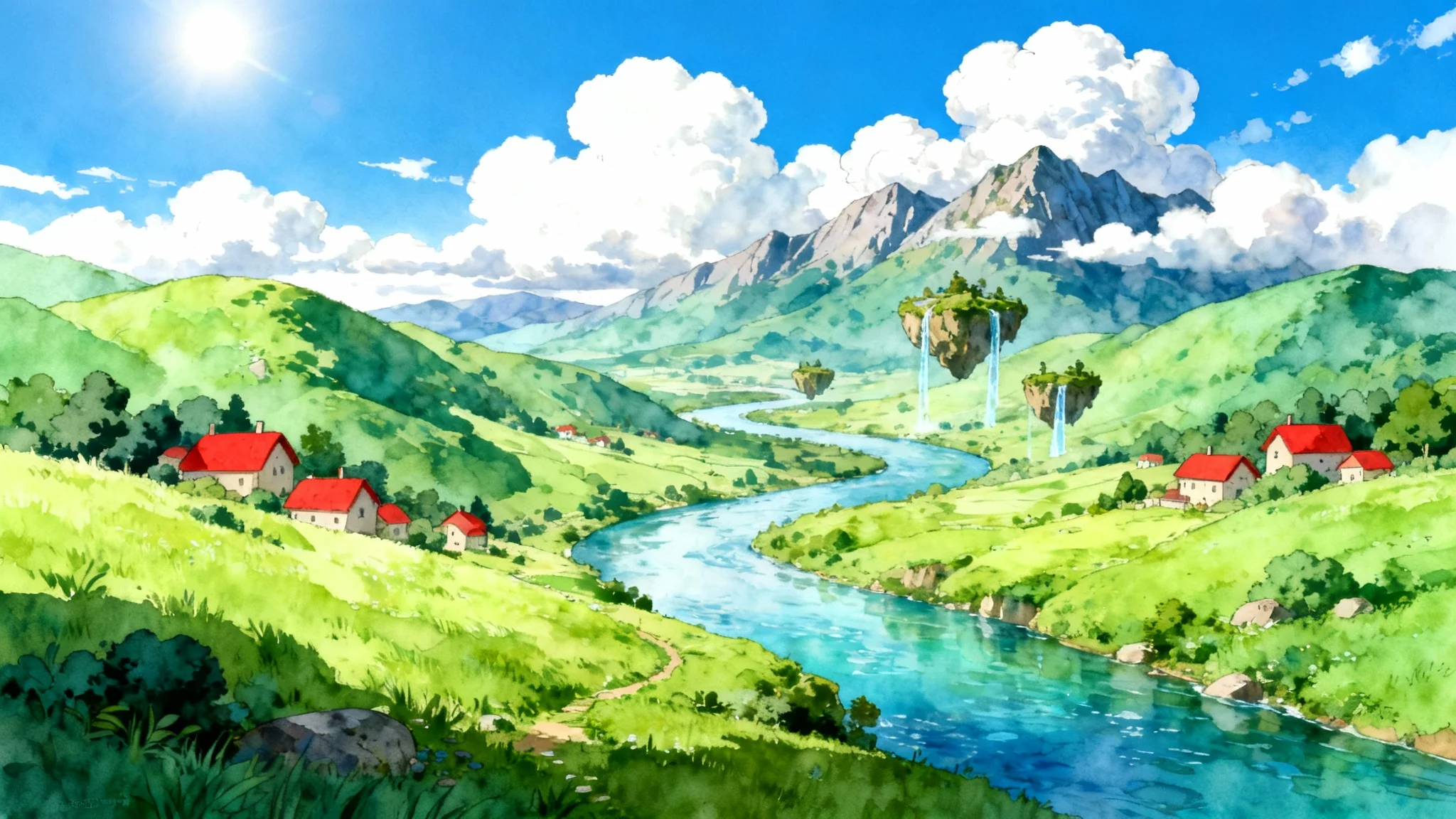 A beautiful, Studio Ghibli-style illustration of a serene anime world, featuring rolling green hills, a clear river, and distant mountains, all on a clean white background.