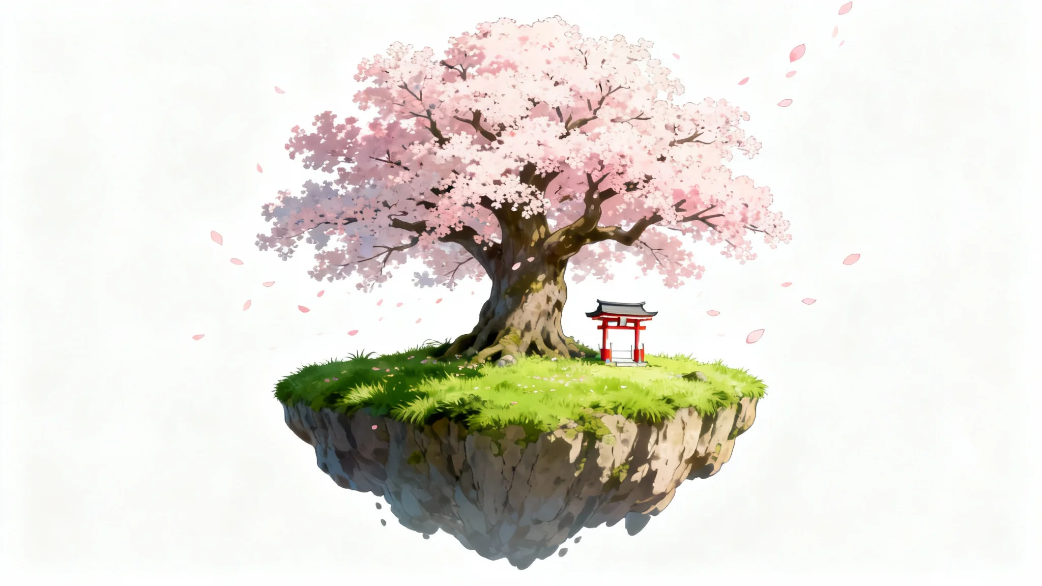 A beautiful anime-style floating island featuring a blooming cherry blossom tree and a small traditional shrine, set against a clean white background.