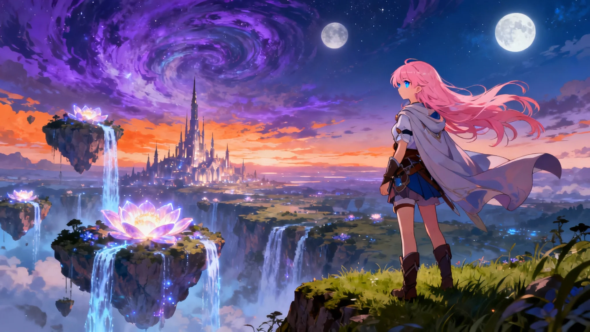 A female anime character with pink hair looking out over a fantastical landscape with floating islands and a city in the distance, in a vibrant, detailed anime art style.