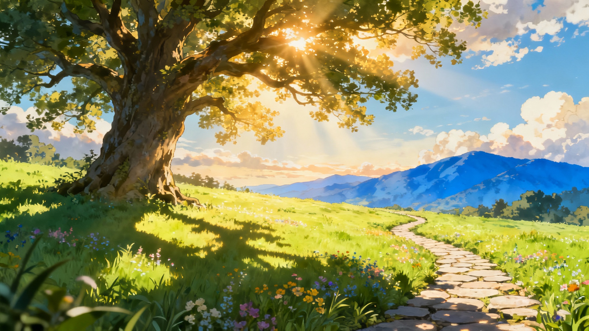 A beautiful anime-style landscape featuring a large, ancient tree in a sunlit green meadow under a blue sky with fluffy clouds.