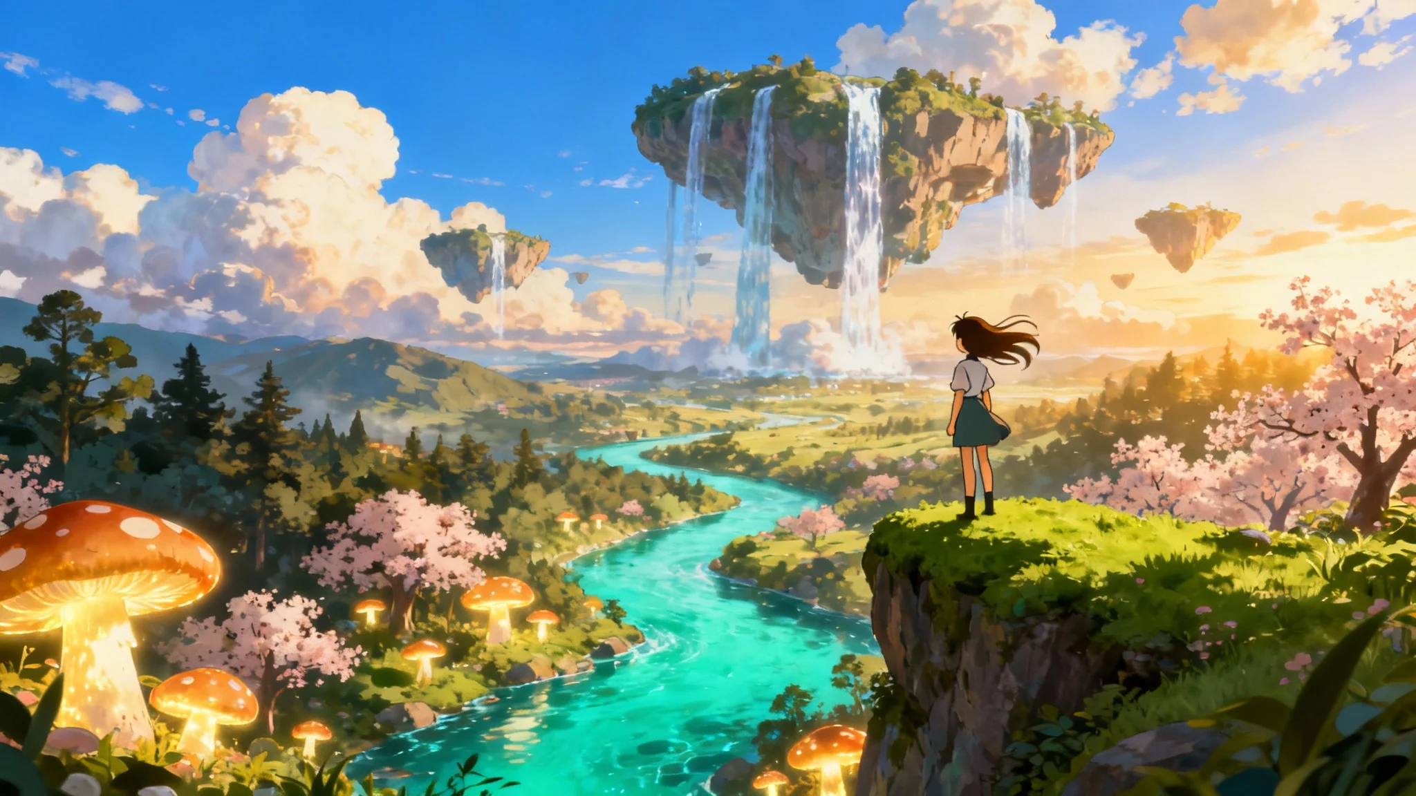 An anime-style illustration of a fantasy world, showing a character looking out over a valley with a river, floating islands, and cherry blossom trees, all on a clean white background.
