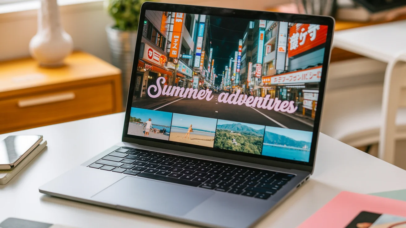 A laptop screen showing a beautifully edited collage video with the theme of travel. The video mixes clips and photos of cities, beaches, and mountains, with the text 'Summer Adventures' overlaid.