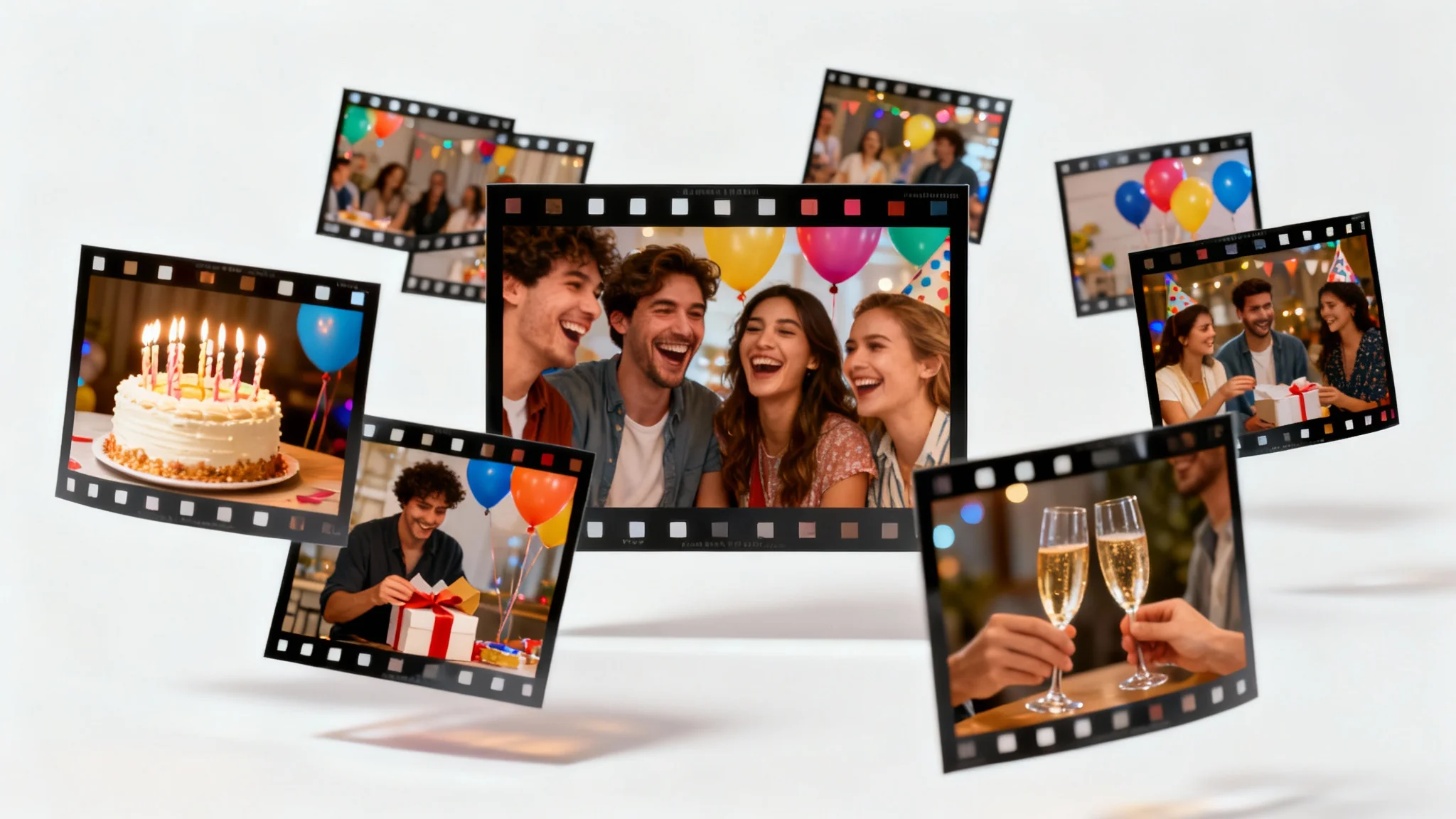 A dynamic collage of birthday party photos, including friends laughing, a birthday cake, and gifts, all arranged against a clean white background to represent a collage video.