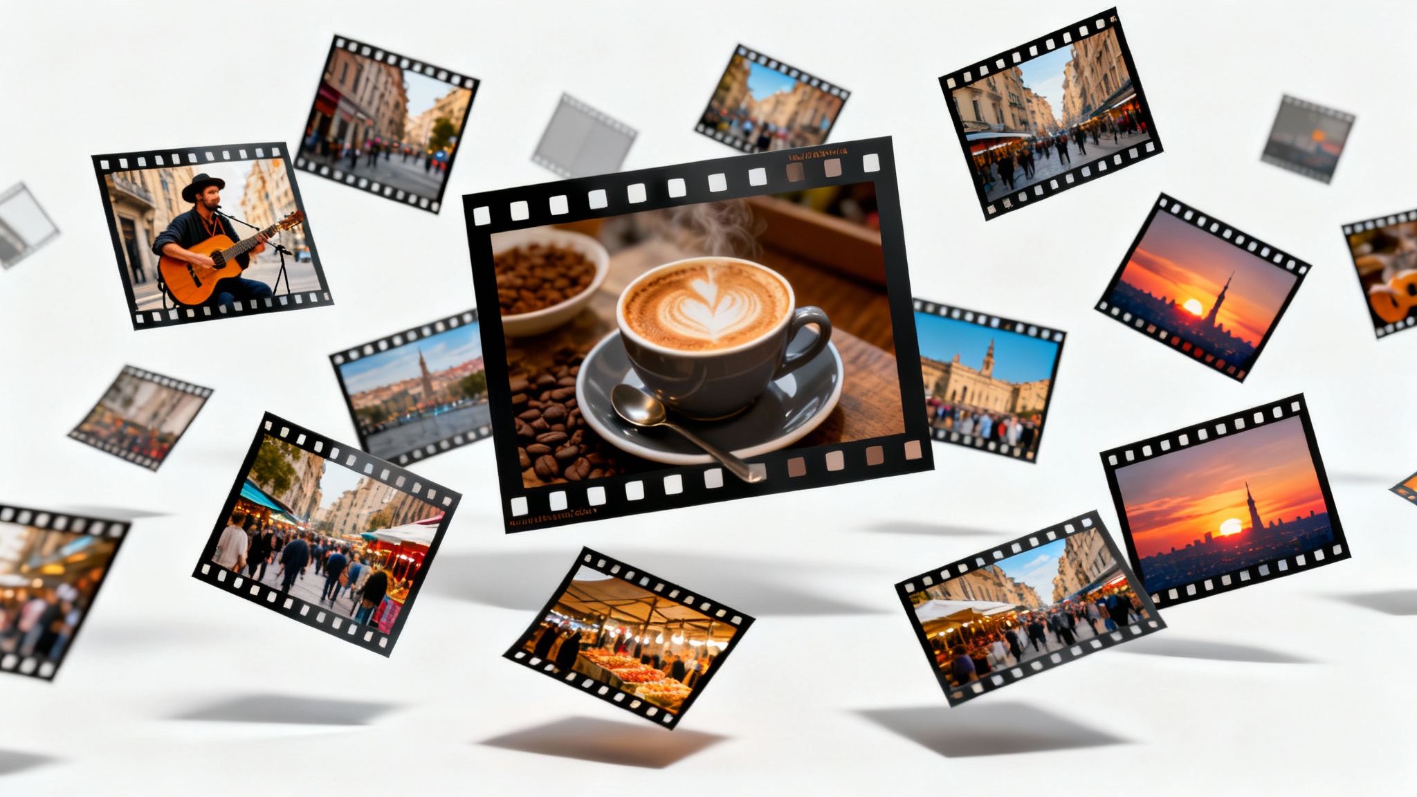 A mockup of a video collage featuring various photos from a city trip, arranged dynamically on a white background with filmstrip accents.