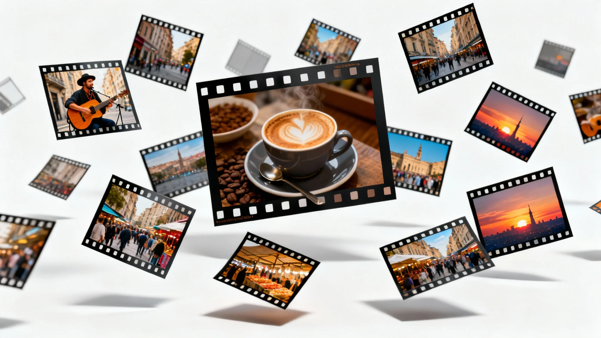 A mockup of a video collage featuring various photos from a city trip, arranged dynamically on a white background with filmstrip accents.