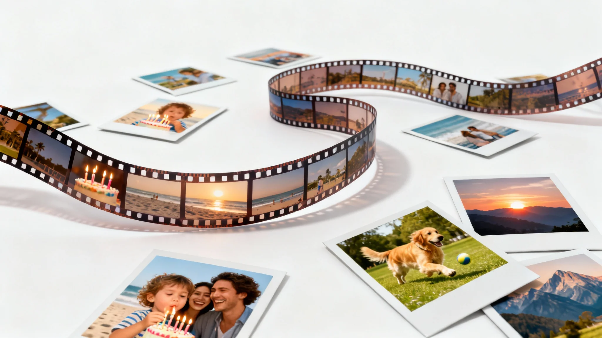 A dynamic collage of photos and a film strip, representing a collage video. The images show happy memories like a birthday, a beach trip, and a pet playing in a park.