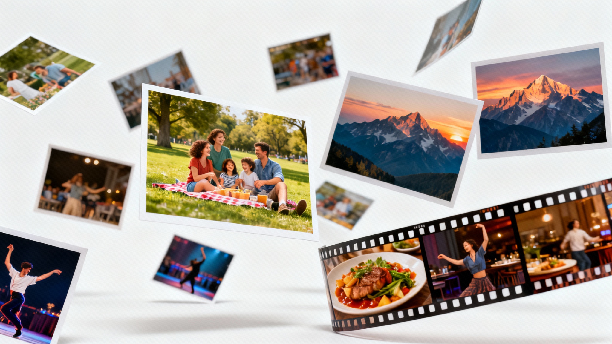A mockup of a video collage shown as a collection of high-resolution photos scattered on a white background, including images of a family, a landscape, and a filmstrip of someone dancing.