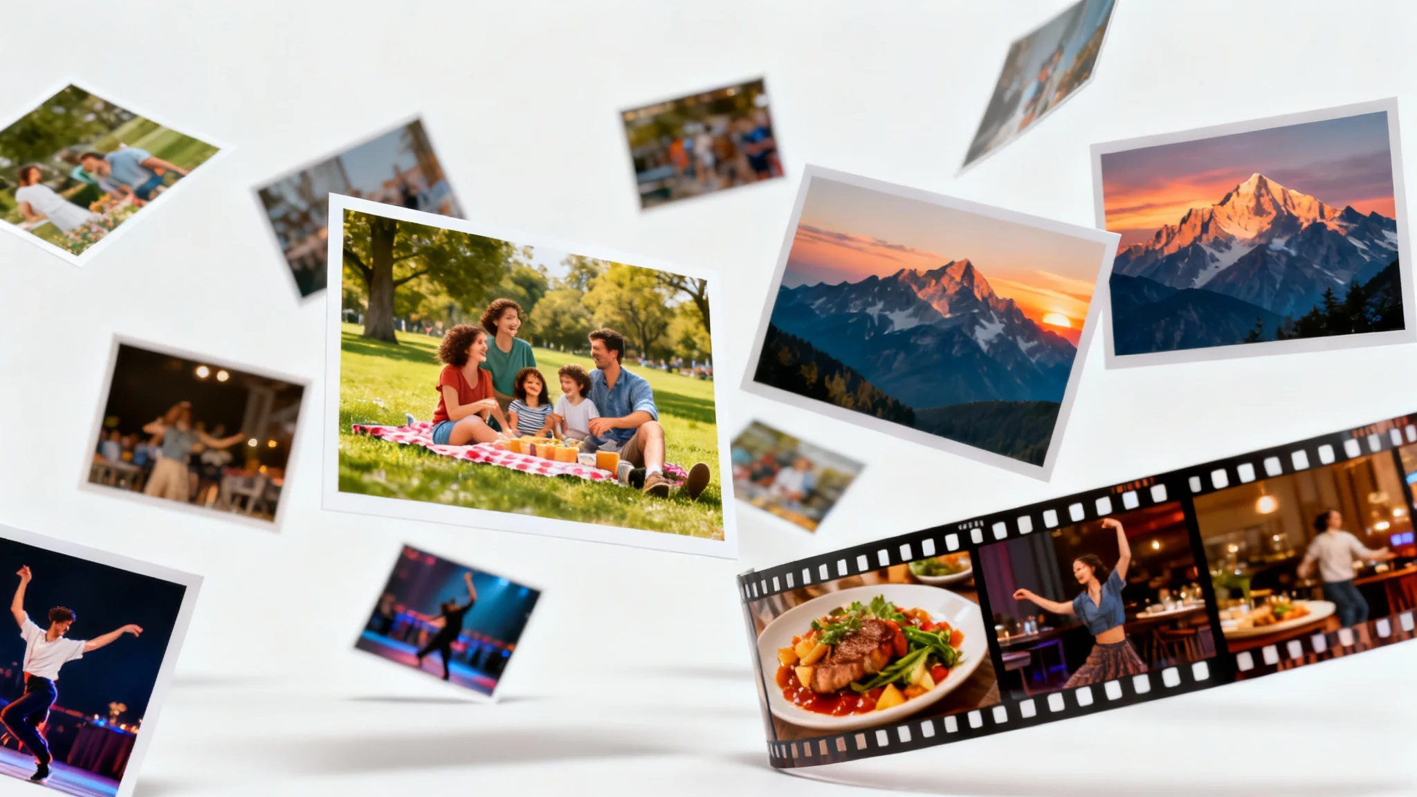 A mockup of a video collage shown as a collection of high-resolution photos scattered on a white background, including images of a family, a landscape, and a filmstrip of someone dancing.