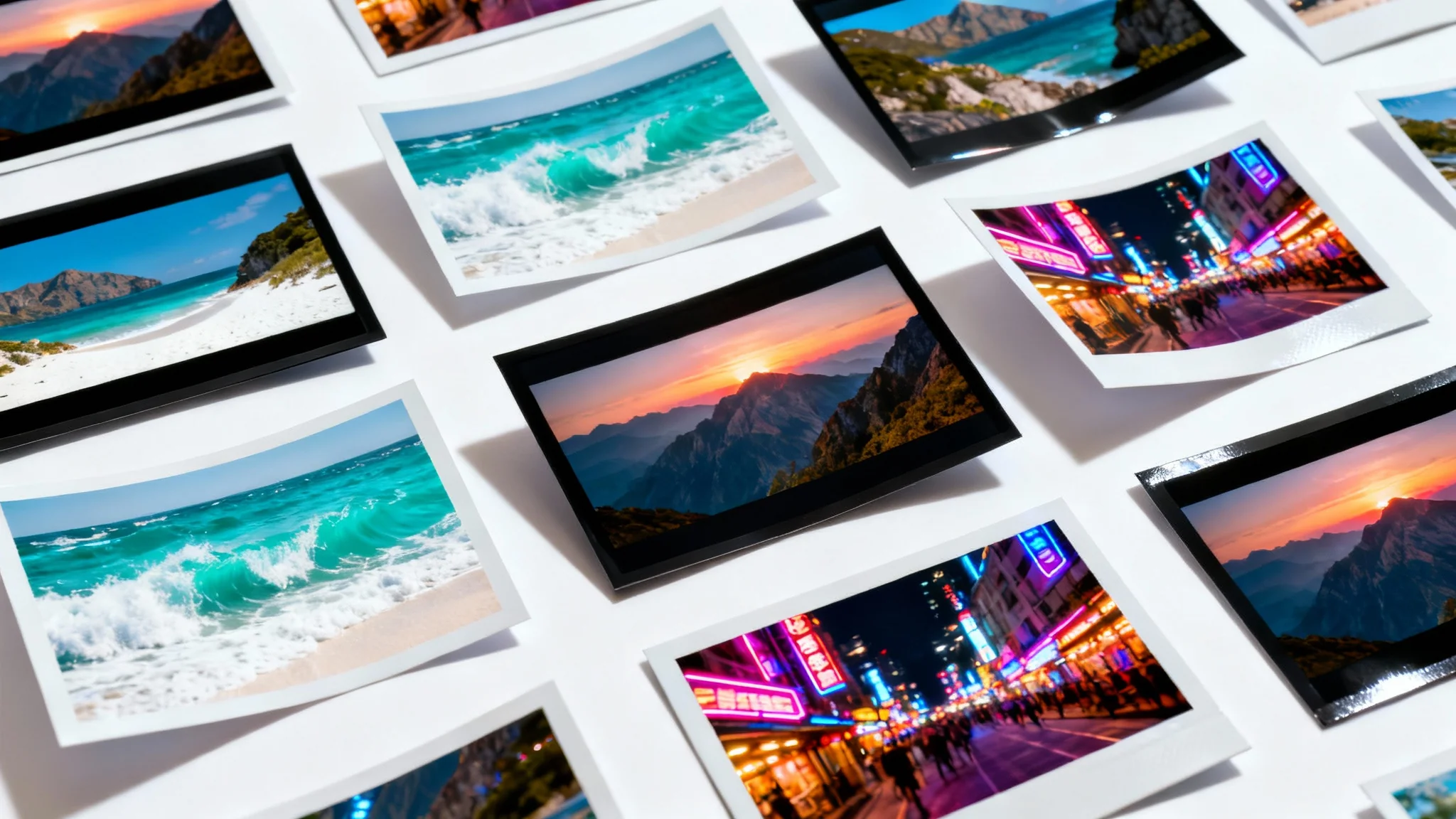 A vibrant collage of travel photos and video stills, including a beach, mountains, and a city at night, arranged dynamically on a white background to represent a video collage.