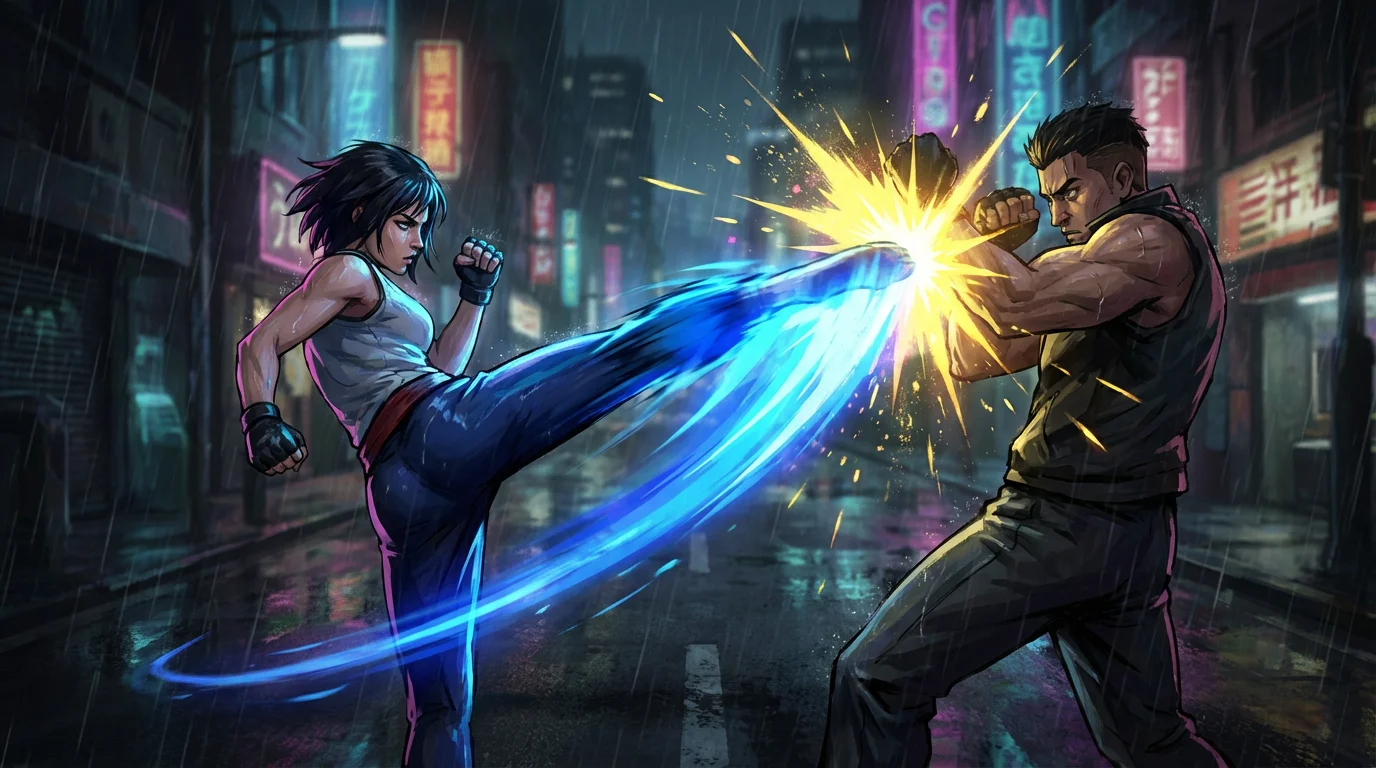 A finished animation still of a dynamic fight scene between two martial artists, showing a spinning kick meeting a block with a burst of energy and light, set in a rainy city at night.