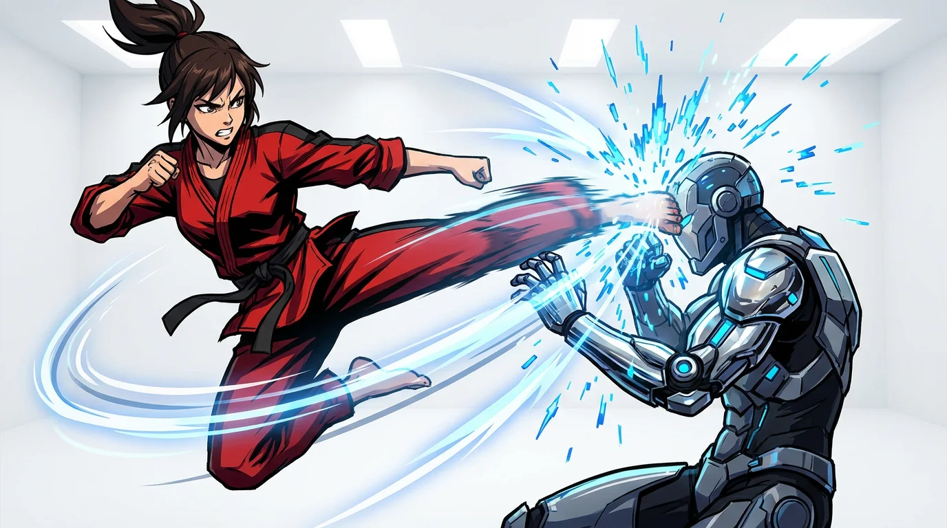 An animated scene showing two characters in a dynamic fight. A female martial artist in a red gi performs a high kick against a futuristic cyborg, with motion lines and sparks illustrating the impact, all set against a clean white background.