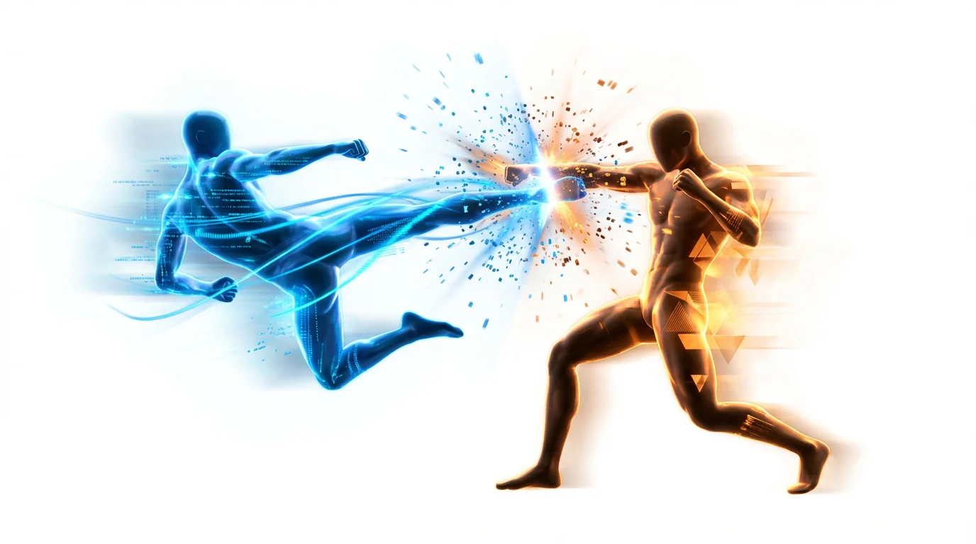 A 3D render of a fight choreography animation, showing two stylized figures clashing mid-air with blue and orange energy effects against a plain white background, illustrating dynamic combat.