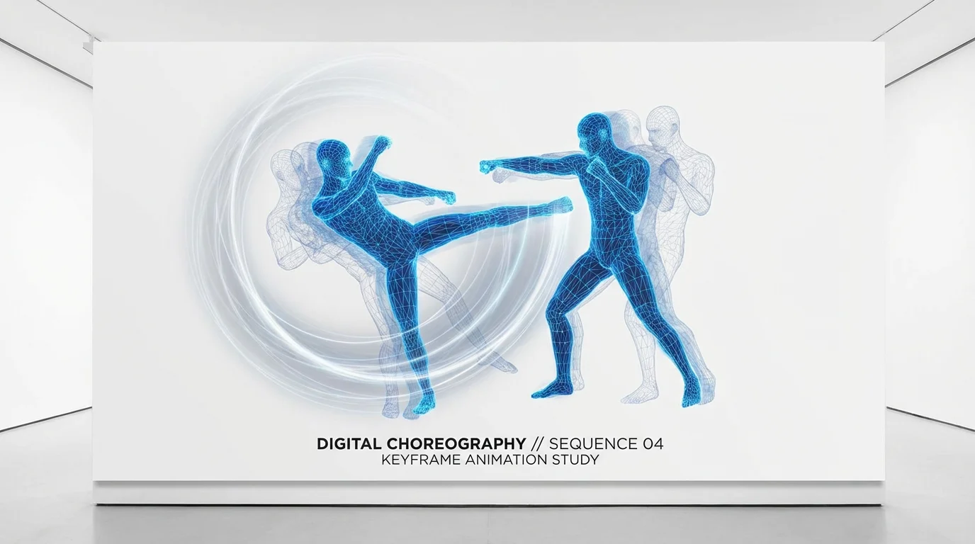 Two glowing blue wireframe figures captured in a dynamic martial arts pose on a stark white background, visualizing the process of fight choreography for animation.