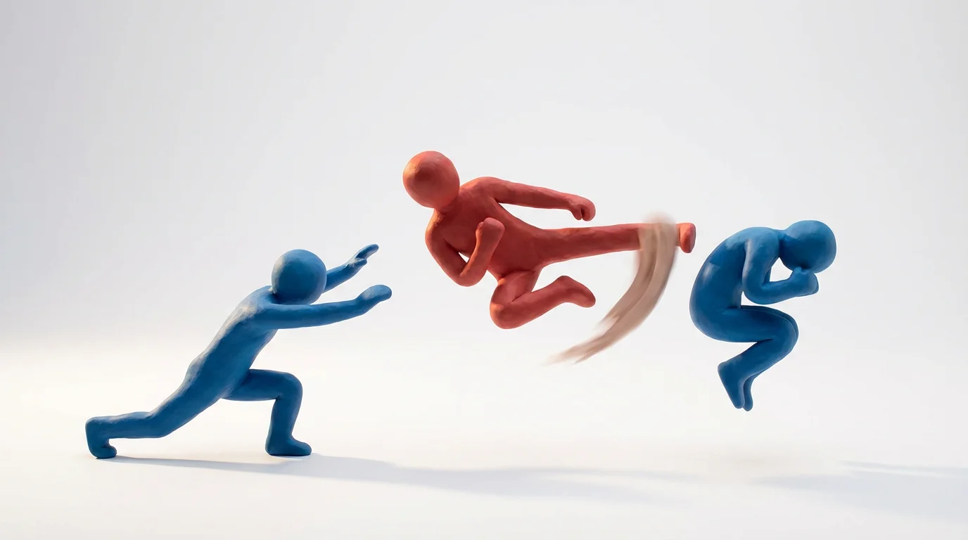 A stop-motion style animation of two clay figures, one red and one blue, frozen in the middle of a dynamic fight choreography sequence against a plain white background.