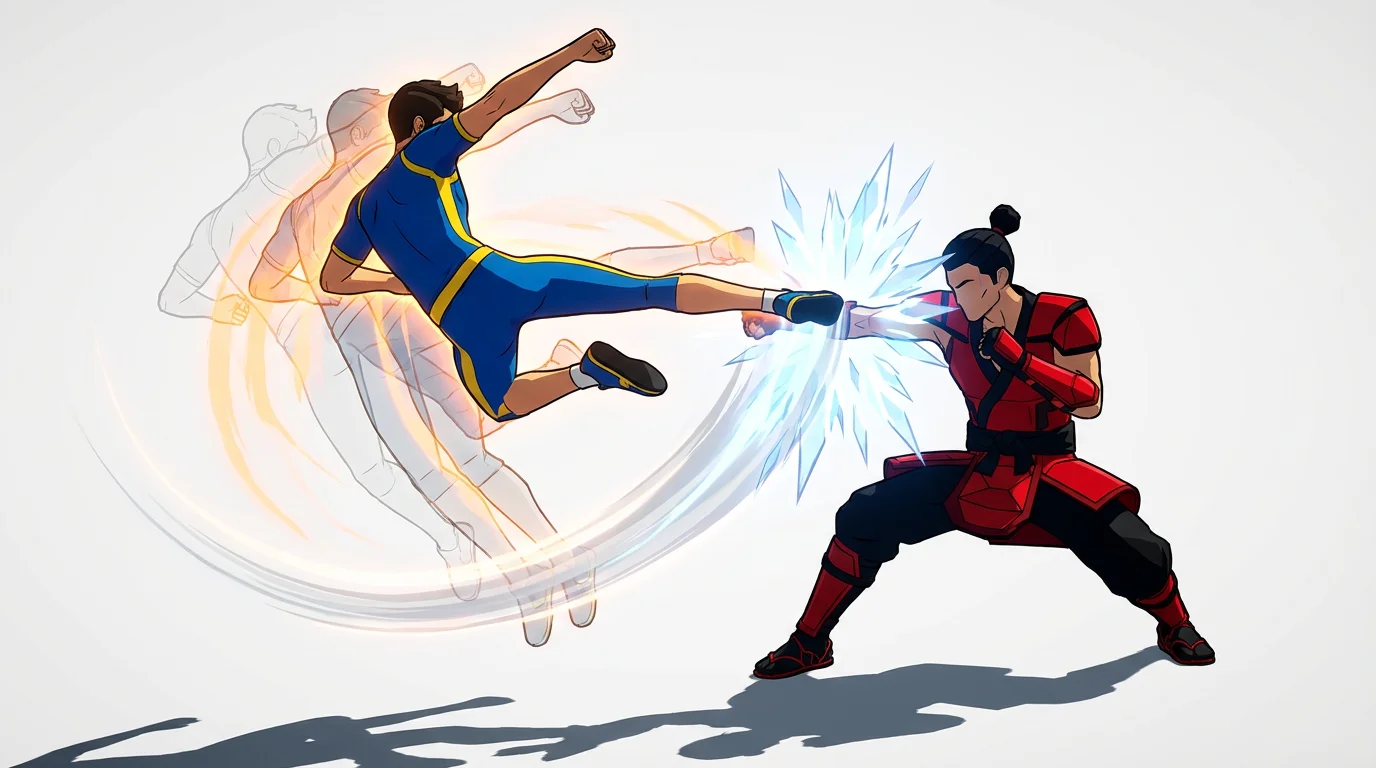 An animated mockup of fight choreography, showing two stylized figures in a dynamic combat pose against a white background. One character delivers a high kick, with motion trails illustrating the movement.