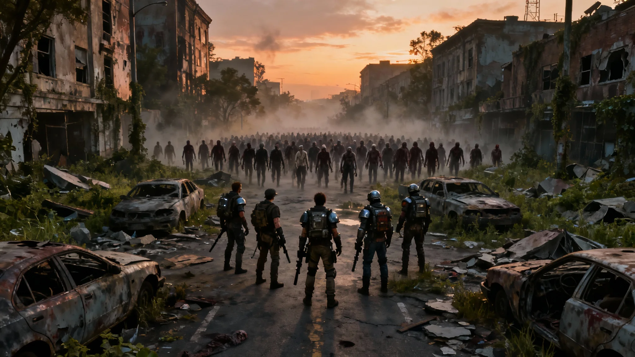 A cinematic hero image depicting a tense zombie apocalypse scene. A group of survivors stands ready to fight an approaching horde of zombies in a ruined city at dusk.