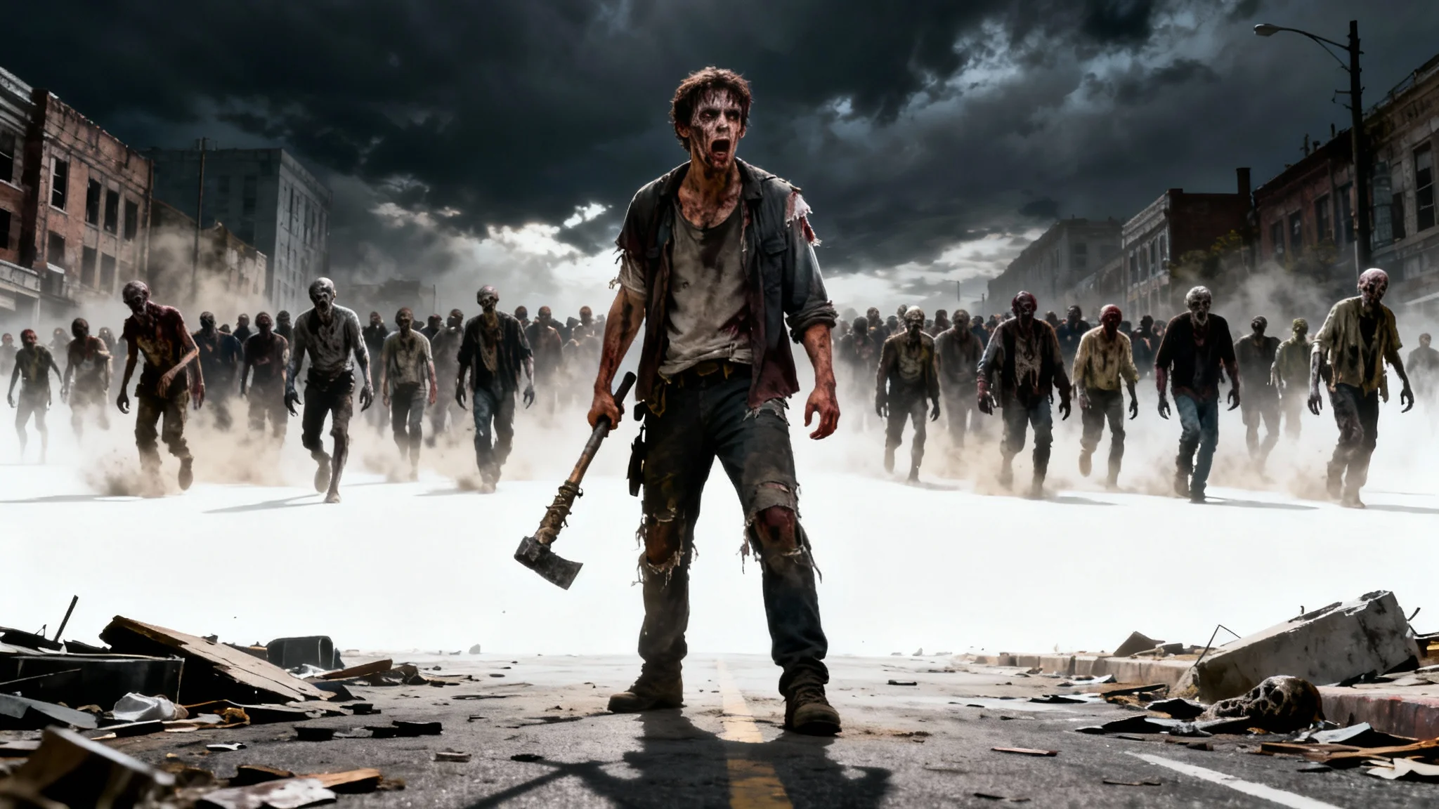 A photorealistic mockup of a zombie apocalypse, featuring a lone survivor standing defiantly against an approaching horde of zombies on a deserted city street, isolated on a white background.