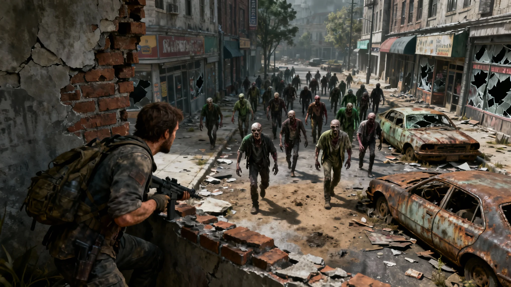 A photorealistic mockup of a zombie apocalypse, showing a survivor hiding from a horde of zombies in a ruined city, all set against a clean white background.