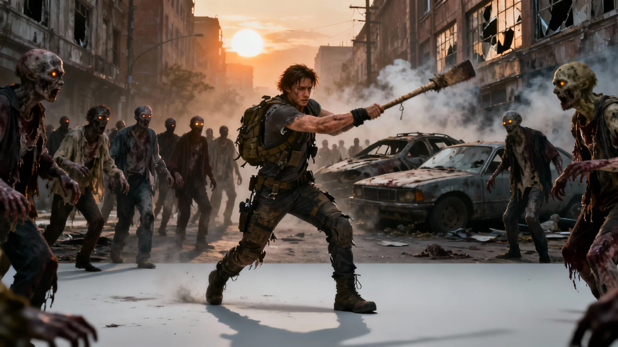 A photorealistic mockup of a zombie apocalypse scene, showing a survivor fighting a horde of zombies in a desolate city street, isolated against a light gray background.