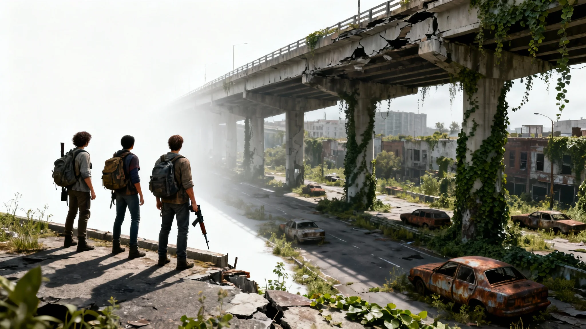 A concept art image depicting three survivors of a zombie apocalypse standing on a ruined overpass and looking down on an abandoned city, all isolated against a stark white background.