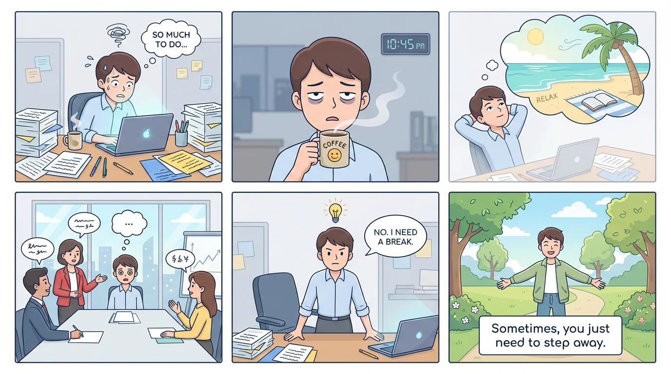 A finished 6-panel comic strip showing a professional's journey from work stress to rejuvenation. The panels depict being overwhelmed at a desk, drinking coffee, dreaming of a break, zoning out in a meeting, deciding to leave, and finally smiling peacefully outdoors.