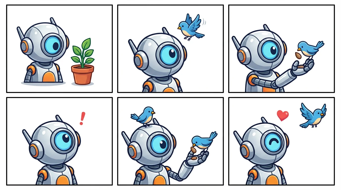 A modern, colorful 6-panel comic strip showing a heartwarming interaction between a friendly robot and a small bluebird. The story progresses from the bird landing on the robot's head to the robot offering it a seed, ending with the robot looking happy.