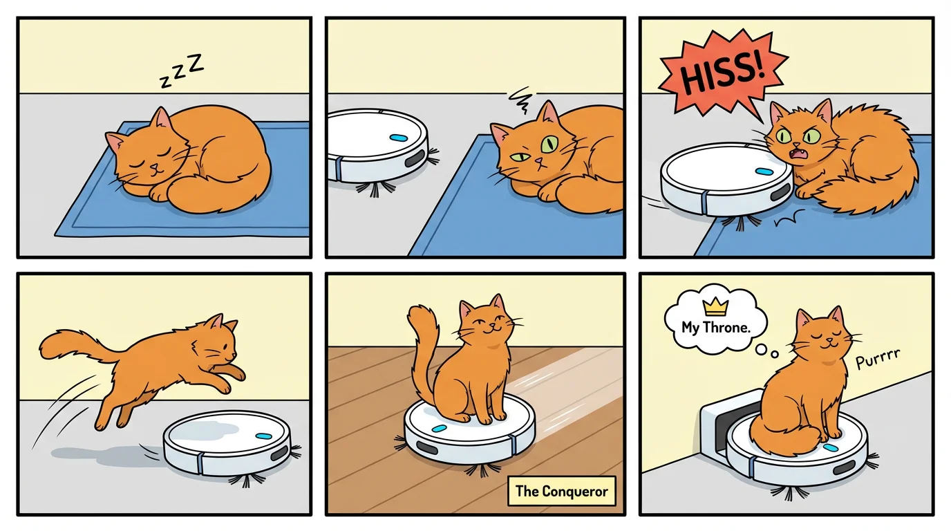 A 6-panel comic strip mockup showing the funny story of a cat who is disturbed by a robot vacuum, then learns to conquer it and ride it like a throne.