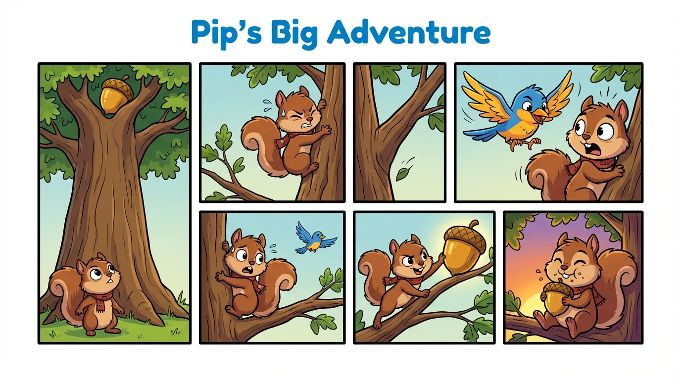 A six-panel comic strip in a clean, modern style depicting a squirrel named Pip's adventure climbing a tree to get a large acorn, presented as a mockup on a white background.